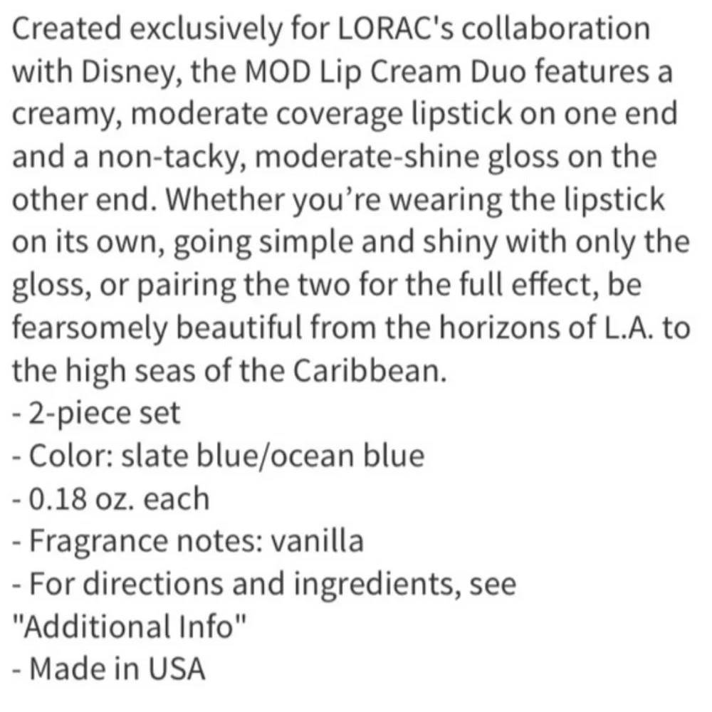 LORAC | Pirates of the Caribbean Ahoy-matey Lipstick Lipgloss Duo Blue NWT